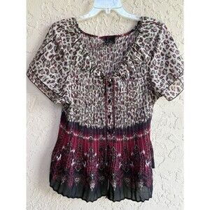 ND New Directions Womens 2X Leopard Kringle Print Flutter Sleeves Button Up Top